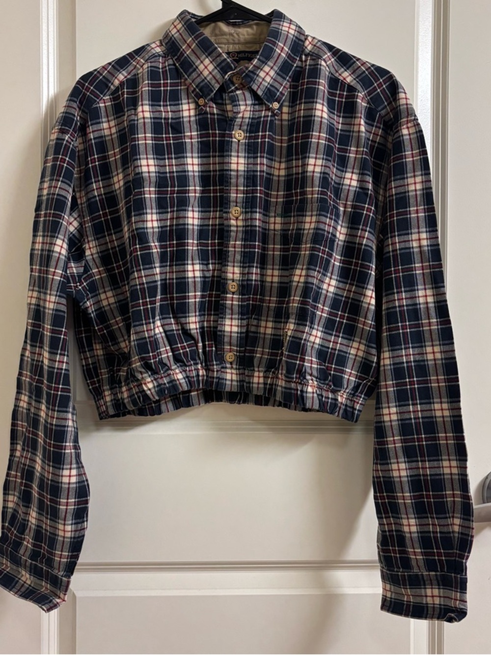 Tommy Hilfiger Reworked Navy Plaid Cropped Button-Down Shirt from UO